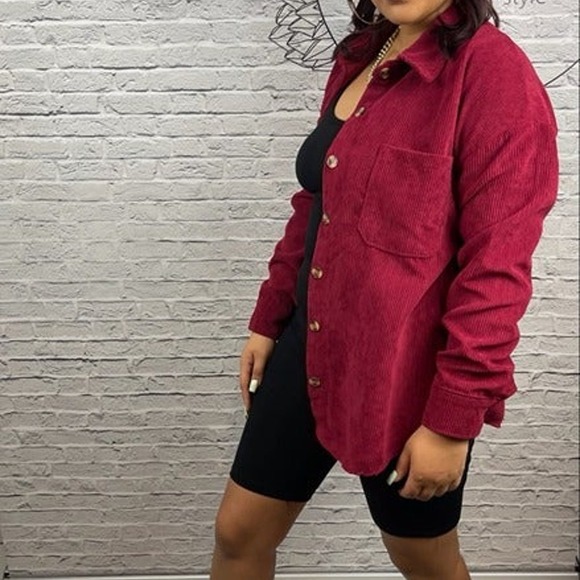 Melody Long Sleeve Corduroy Shacket (Cranberry) - Picture 2 of 9